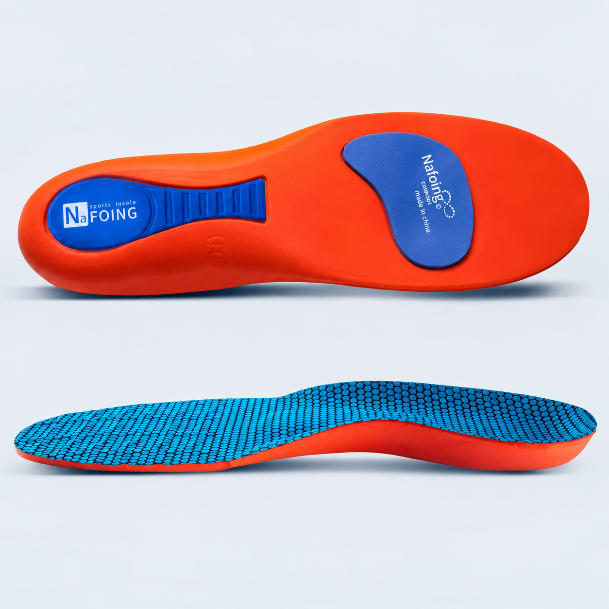 Red and blue arch support insoles, underside and side views