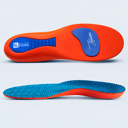 Red and blue arch support insoles, underside and side views